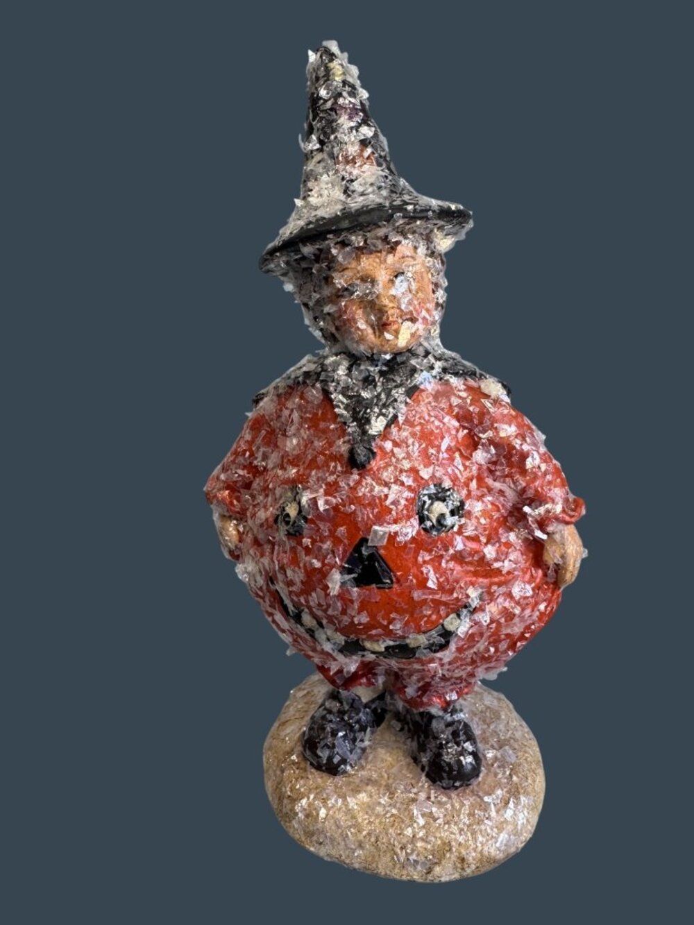 Vintage Halloween Witch Figurine Mica Finish Pumpkin Body 8 Inch Decorative - Picture 2 of 6